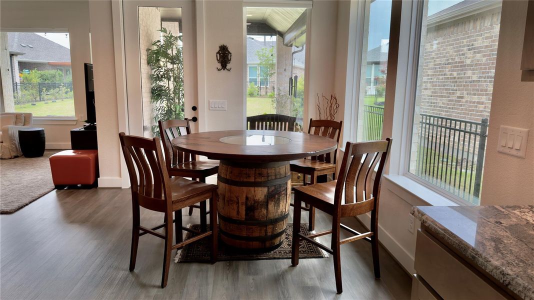The dining area has lots of light and an open feel