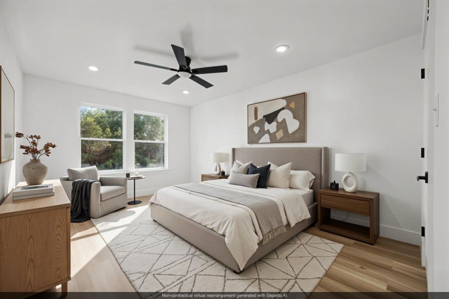 Virtually staged Secondary Bedroom featuring light wood-type flooring, a ceiling fan, and recessed lighting