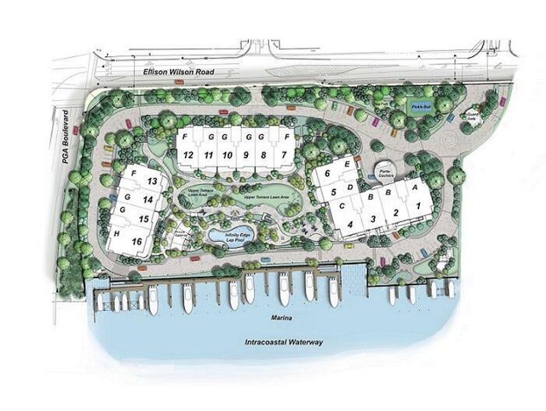 Site Map. 106 Residences, 13 floor plans, 16 stacks, 29 boat slips. All direct intracoastal.