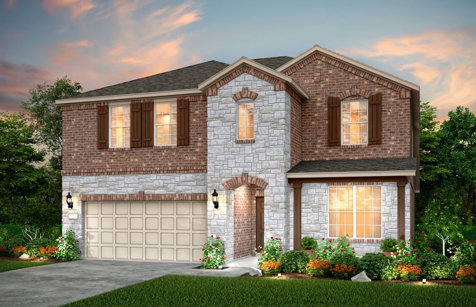 Front exterior of a new home in Lagos, Manor, TX, highlighting curb appeal (Image 2). Front exterior of a new home in Lagos, Manor, TX, highlighting curb appeal (Image 2).