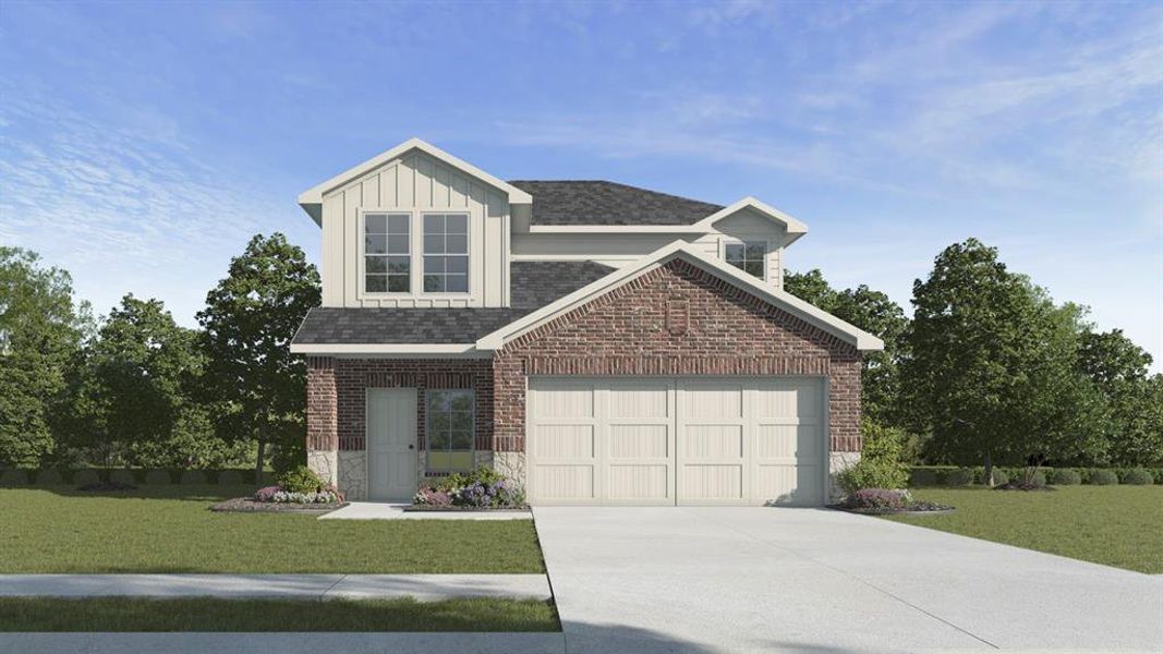 Front exterior of a new home in Elevon, Lavon, TX, highlighting curb appeal (Image 1).