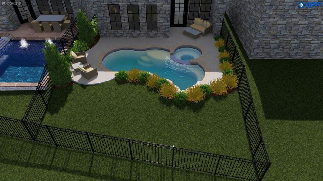This rendering showcases a pool option that can be added. The spacious lot offers plenty of room to create your own private backyard retreat.