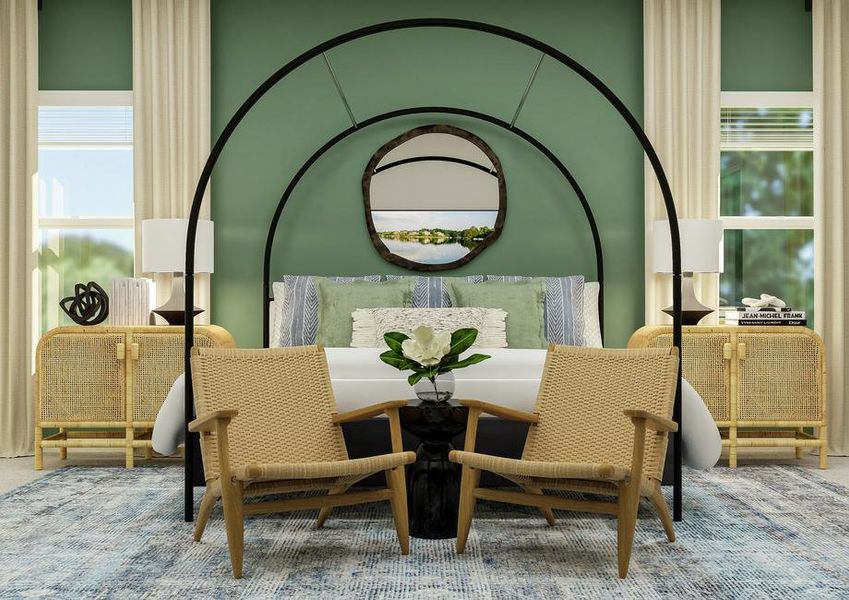 Rendering of the owner's suite featuring
  a large bed and two nightstands along a green accent wall. A small seating
  area sits in front of the bed.