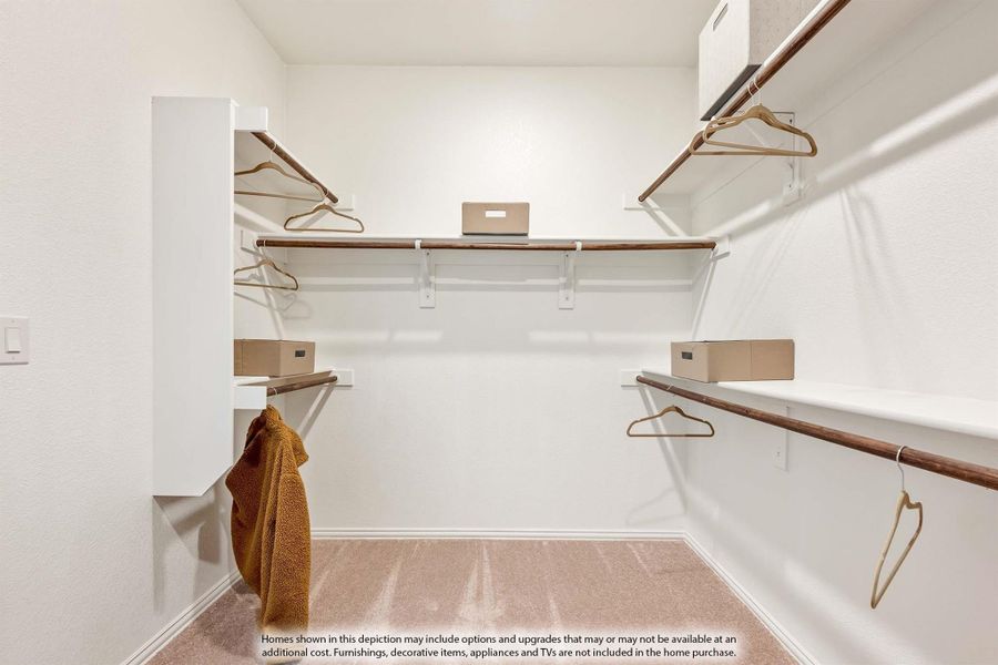 Walk-in closet with white shelving, wood hanging rods, and carpeted floor Walk-in closet with white shelving, wood hanging rods, and carpeted floor