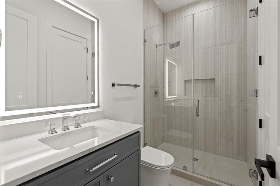 Full bathroom with vanity and a shower stall