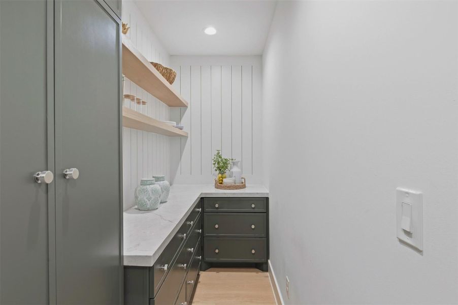 Large pantry includes ample shelving and storage for appliances, groceries, and everyday essentials.