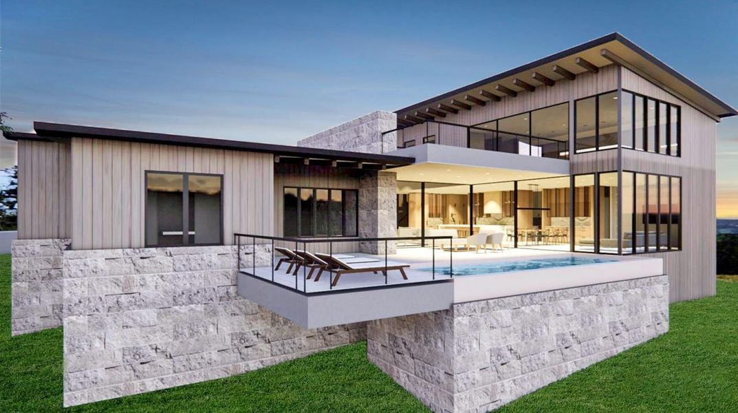 Back of property with a balcony, a patio, an outdoor pool, a lawn, and stone siding