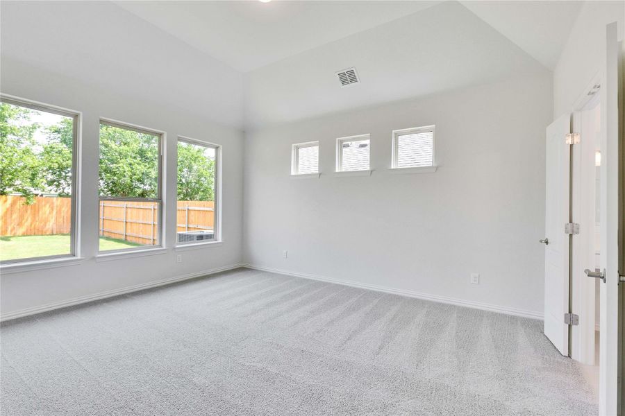 Empty room featuring carpet floors, baseboards, and lofted ceiling Empty room featuring carpet floors, baseboards, and lofted ceiling