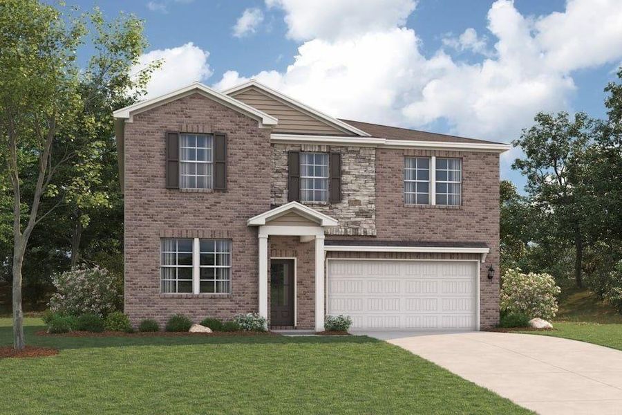 Front exterior of a new home in Belleview Manor, Fairburn, GA, highlighting curb appeal (Image 2). Front exterior of a new home in Belleview Manor, Fairburn, GA, highlighting curb appeal (Image 2).
