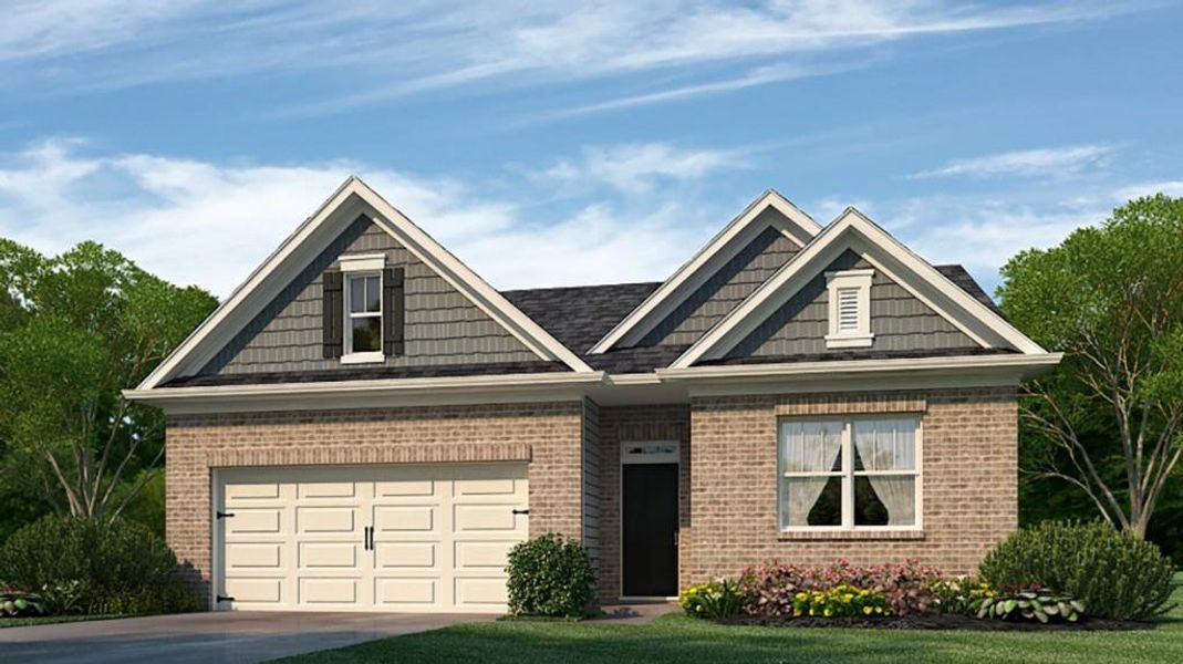 Front exterior of a new home in Northwoods at Mirror Lake, Villa Rica, GA, highlighting curb appeal (Image 2).