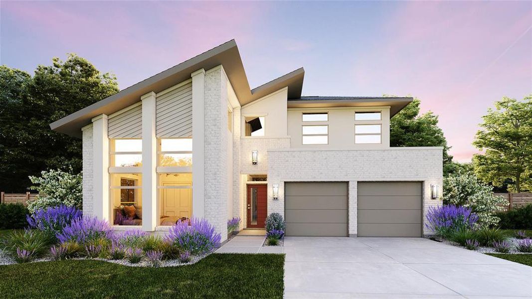 Modern home with driveway, a garage, and brick siding Modern home with driveway, a garage, and brick siding
