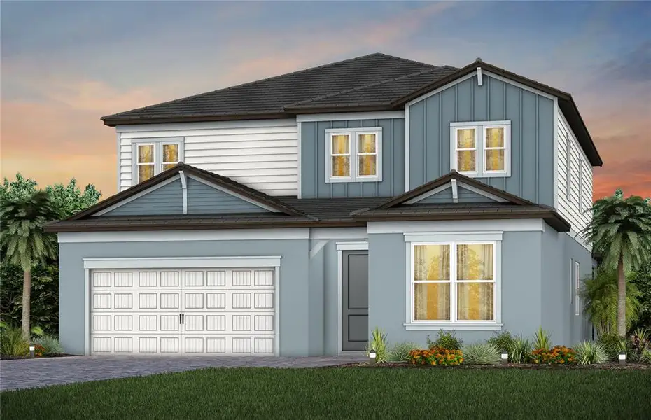 Front exterior of a new home in Two Rivers, Zephyrhills, FL, highlighting curb appeal (Image 1). Front exterior of a new home in Two Rivers, Zephyrhills, FL, highlighting curb appeal (Image 1).