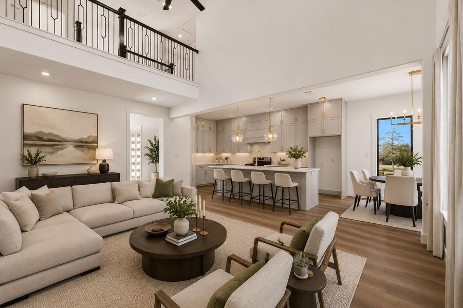 Stunning great room with soaring ceilings, and a functional open concept for entertaining and everyday living. (Virtually staged)