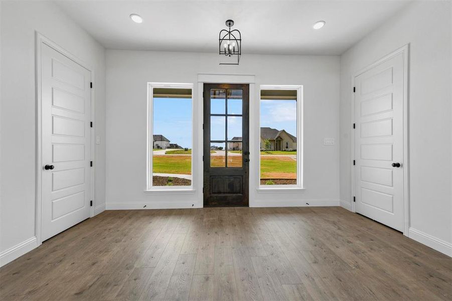 Entryway with dark hardwood / wood-style flooring