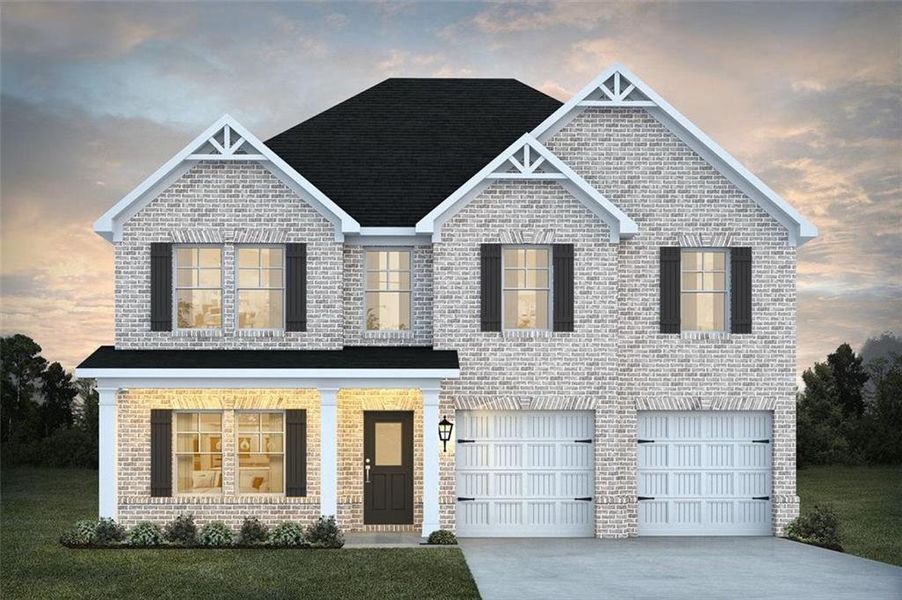 Front exterior of a new home in River Walk Farm, Covington, GA, highlighting curb appeal (Image 1).