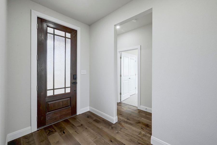 Entrance foyer with dark wood-style flooring and baseboards