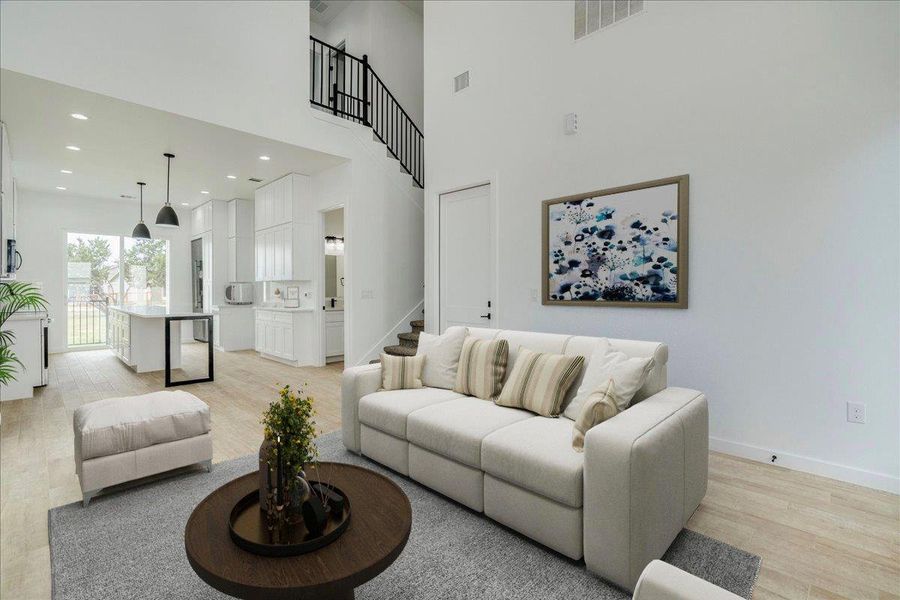 Open living with cathedral ceilings.