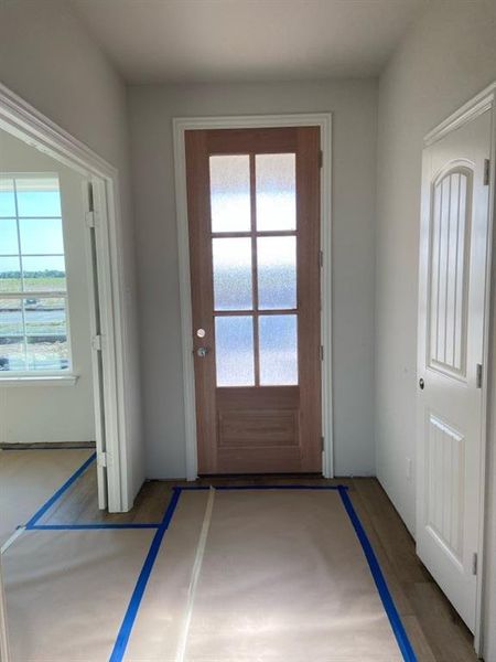 Entryway featuring a wood-panel door with frosted glass inserts, light wood-finish flooring, and crisp white trim