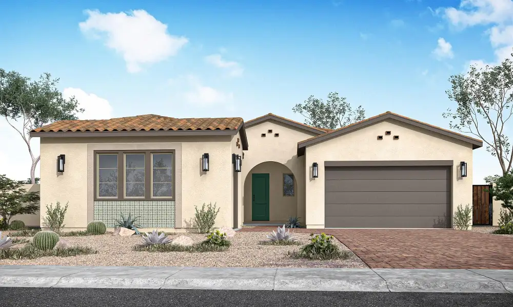Front exterior of a new home in Abel Ranch, Goodyear, AZ, highlighting curb appeal (Image 1). Front exterior of a new home in Abel Ranch, Goodyear, AZ, highlighting curb appeal (Image 1).