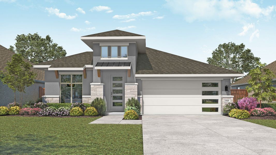 Representative exterior photo of a completed home built from the Laurel by DRB Homes in Whisper South, San Marcos, TX (Image 6). Representative exterior photo of a completed home built from the Laurel by DRB Homes in Whisper South, San Marcos, TX (Image 6).