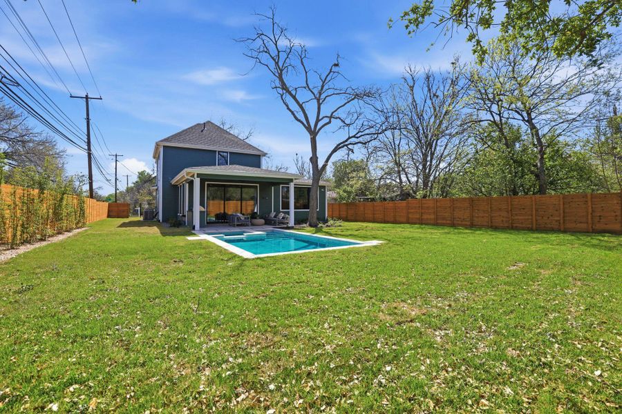 Rear view of property with a patio and a fenced backyard