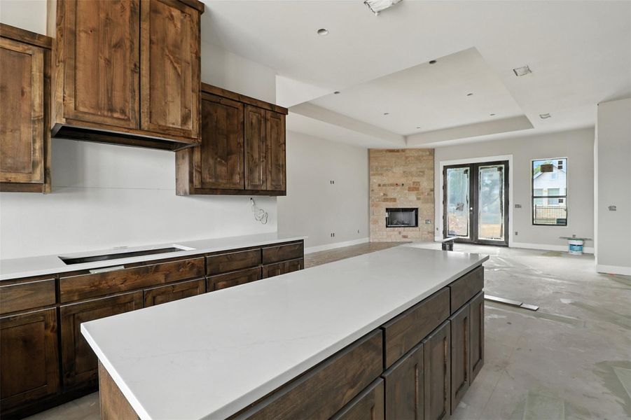 Kitchen featuring dark brown cabinetry, a tray ceiling, a fireplace, a center island, and black electric stovetop Kitchen featuring dark brown cabinetry, a tray ceiling, a fireplace, a center island, and black electric stovetop