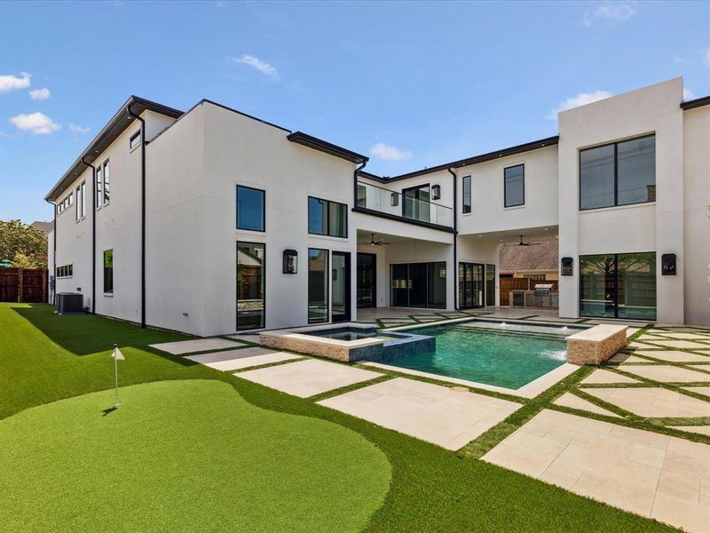 View of swimming pool with a patio, an in ground hot tub, ceiling fan, and central air condition unit