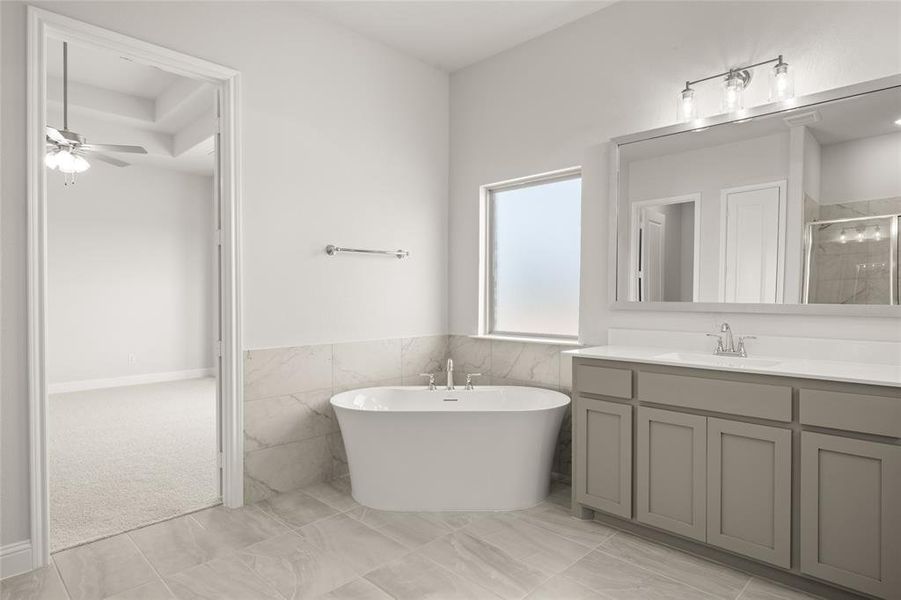 Full bath with vanity, a stall shower, a freestanding tub, a ceiling fan, and wainscoting Full bath with vanity, a stall shower, a freestanding tub, a ceiling fan, and wainscoting