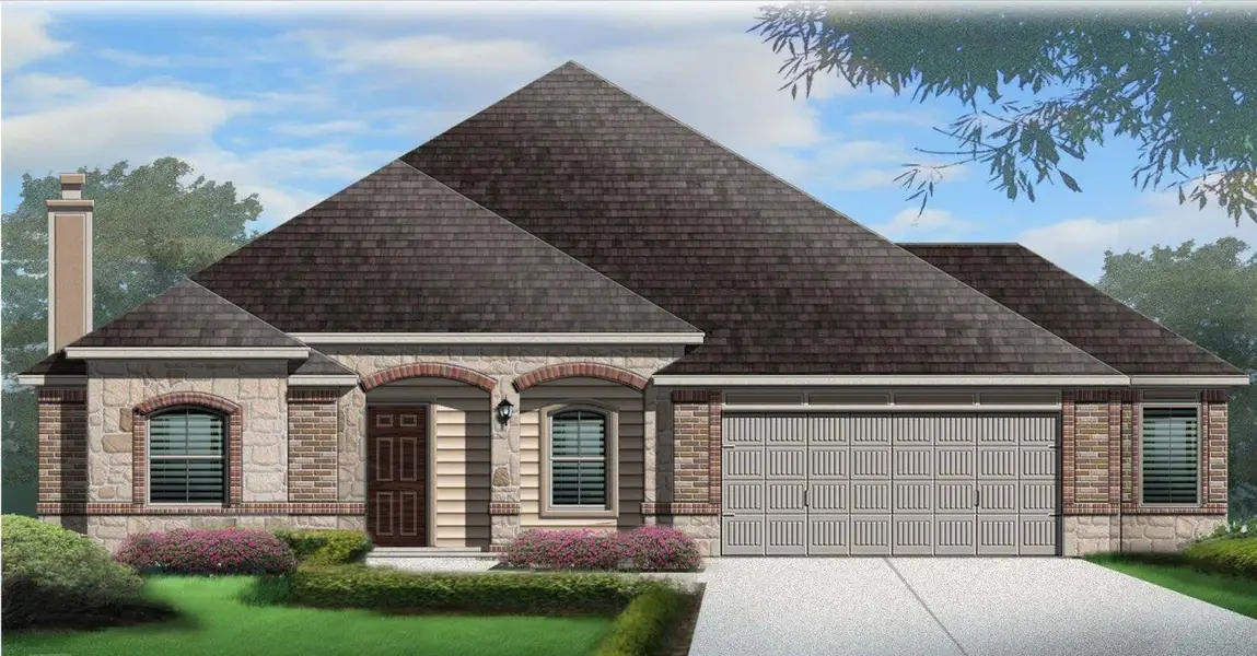 Front exterior of a new home in , Manvel, TX, highlighting curb appeal (Image 1). Front exterior of a new home in , Manvel, TX, highlighting curb appeal (Image 1).