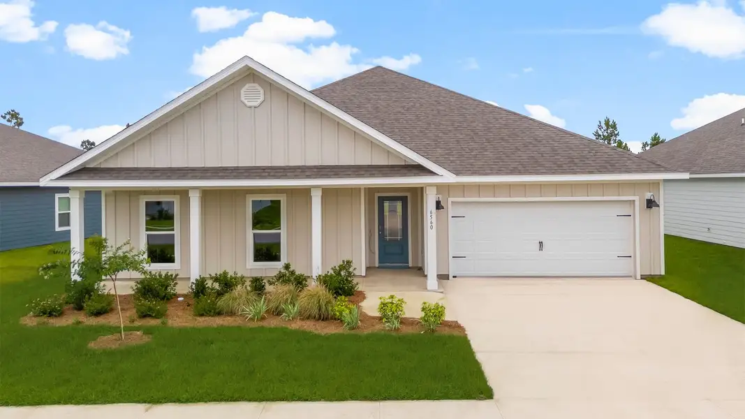 Front exterior of a new home in Liberty, Panama City, FL, highlighting curb appeal (Image 1). Front exterior of a new home in Liberty, Panama City, FL, highlighting curb appeal (Image 1).