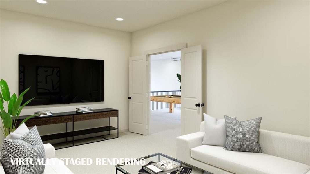 Whether it's family movie night or big game day parties, you will love entertaining in your new media room!  VIRTUALLY STAGED RENDERING