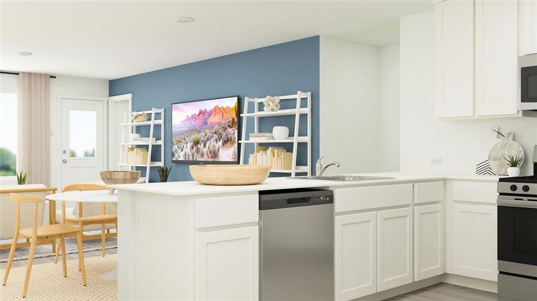 Kitchen with white cabinets, kitchen peninsula, and stainless steel appliances