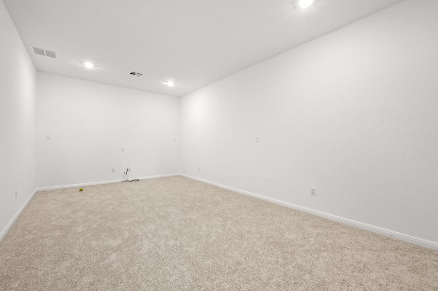 Plush carpeting and crisp white walls define this versatile interior space.
