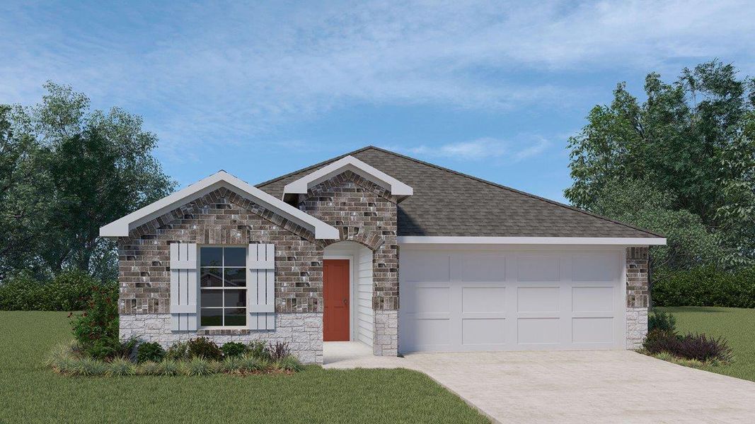 A charming single-story residence boasts an inviting brick and stone facade with an attached garage. A charming single-story residence boasts an inviting brick and stone facade with an attached garage.