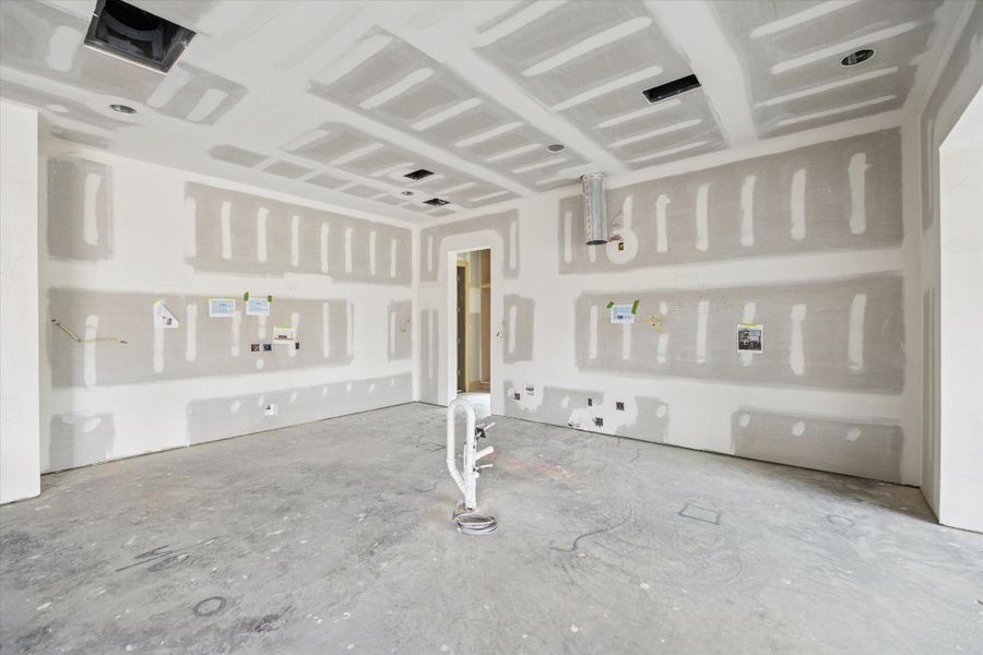 Chef inspired kitchen taking shape with a spacious footprint designed for a 42 inch built in refrigerator, 36 to 48 inch range, and oversized island. Recessed lighting, under cabinet wiring, and open flow to the living and dining areas make this Oak Forest new construction ideal for gathering.