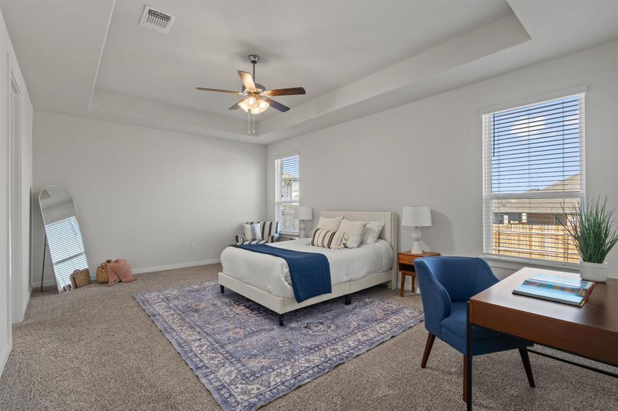 Spacious primary bedroom with a raised ceiling, ceiling fan Spacious primary bedroom with a raised ceiling, ceiling fan