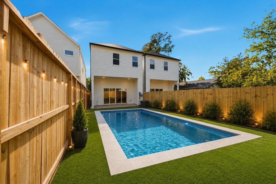 sample of backyard size from a previously completed home with a sample of a pool.  Pool dimensions must be verified for actual pool.  Actual home might vary and must be verified