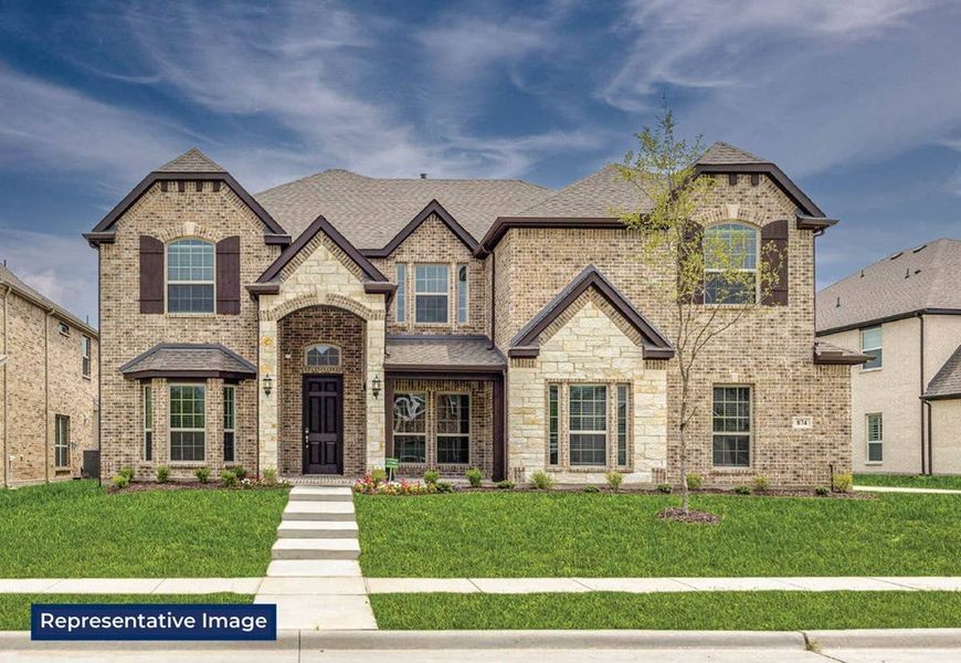 Representative exterior photo of a completed home built from the Remington 2FS (w/Media) by First Texas Homes in Hidden Lakes Estates, DeSoto, TX (Image 1). Representative exterior photo of a completed home built from the Remington 2FS (w/Media) by First Texas Homes in Hidden Lakes Estates, DeSoto, TX (Image 1).
