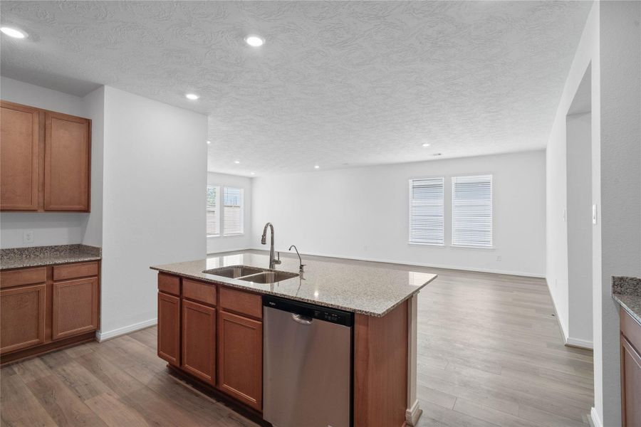 Featured here is the gorgeous granite countertops and the view looking out to the open concept living spaces and backyard views!