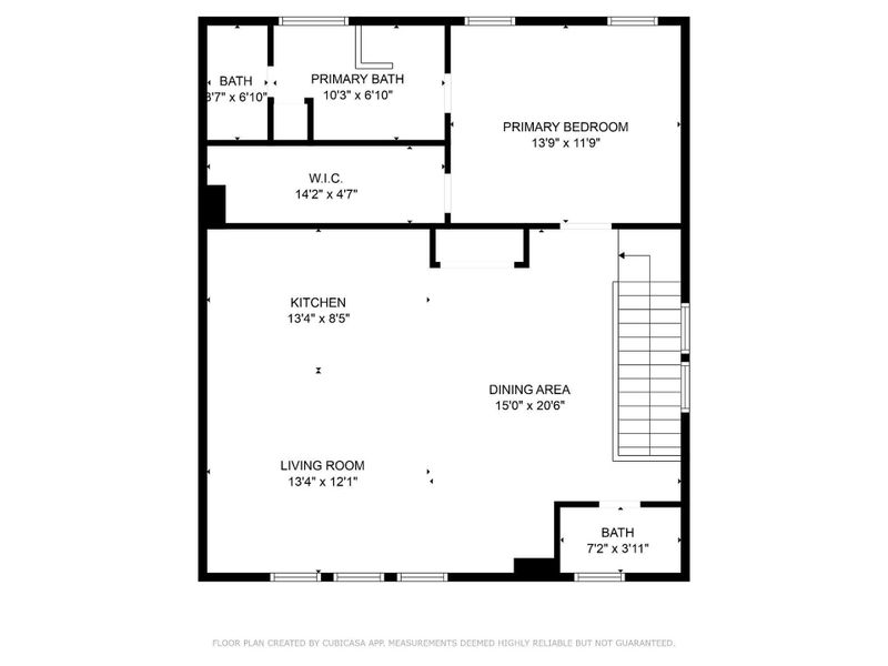 This floor plan features a primary bedroom with an attached bath and walk-in closet, a kitchen, living room, dining area, and two additional bathrooms. The layout is open with a staircase for easy access. This floor plan features a primary bedroom with an attached bath and walk-in closet, a kitchen, living room, dining area, and two additional bathrooms. The layout is open with a staircase for easy access.
