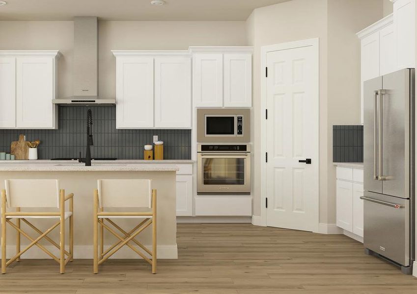 Rendering of the incredible kitchen in
  the Laurel floor plan. The space has an island, tiled backsplash, white
  cabinetry and stainless steel appliances.