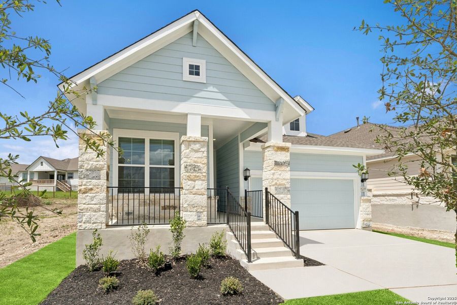 Front exterior of a new home in The Crossvine 45’, Schertz, TX, highlighting curb appeal (Image 20).