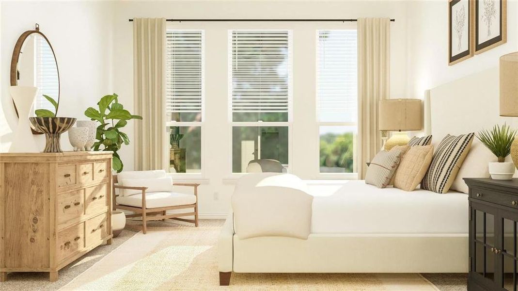 Bright bedroom featuring three large windows with blinds and drapes, a light-colored upholstered bed frame, and soft carpet flooring Bright bedroom featuring three large windows with blinds and drapes, a light-colored upholstered bed frame, and soft carpet flooring