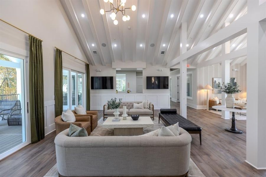 Beamed ceiling sets this beautiful room