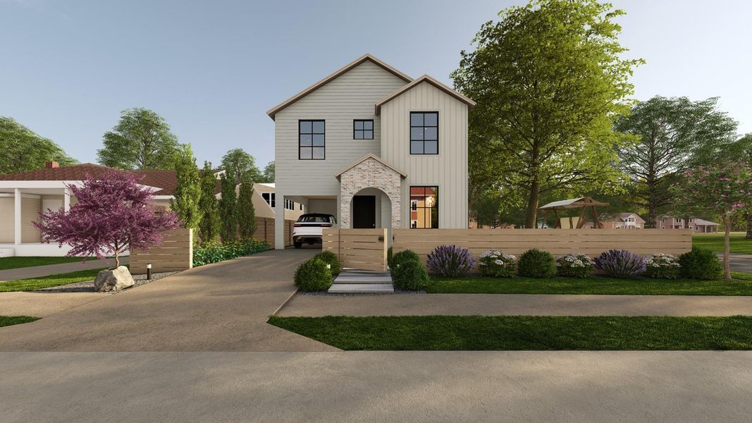 View of front facade featuring a carport, driveway, stone siding, and a fenced front yard