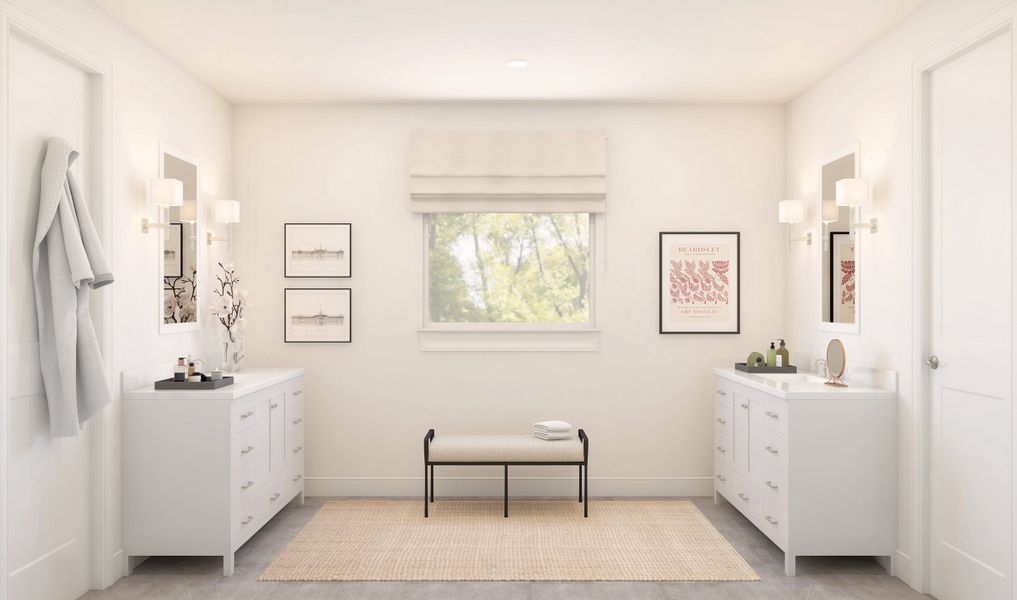 Primary bath with dual vanities featuring rectangular sinks