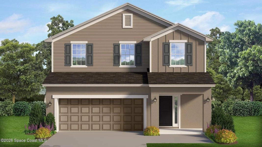 Front exterior of a new home in St. John's Preserve, Palm Bay, FL, highlighting curb appeal (Image 1). Front exterior of a new home in St. John's Preserve, Palm Bay, FL, highlighting curb appeal (Image 1).