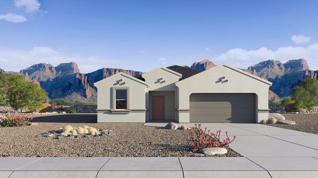 Front exterior of a new home in Quail Ranch, San Tan Valley, AZ, highlighting curb appeal (Image 1).