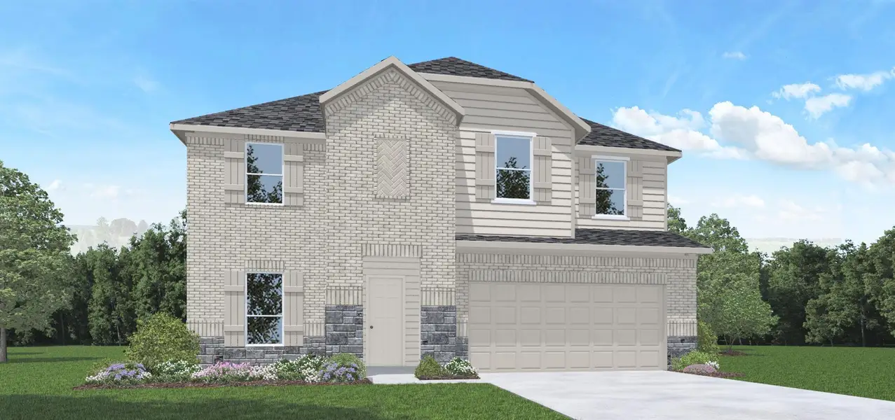Front exterior of a new home in Hills of Westlake, Conroe, TX, highlighting curb appeal (Image 1).