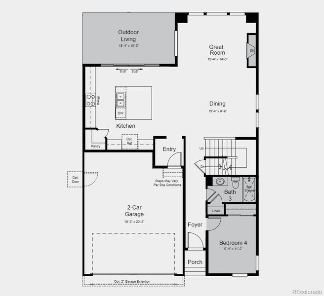 Structural options added include: first floor guest suite, traditional fireplace in gathering room, 8x12' sliding glass door to outdoor living, unfinished basement.